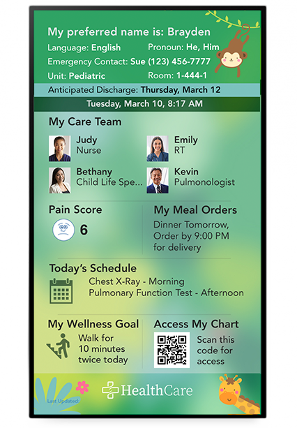 A digital whiteboard display featuring pediatric images and SONIFI Health interface including a QR code