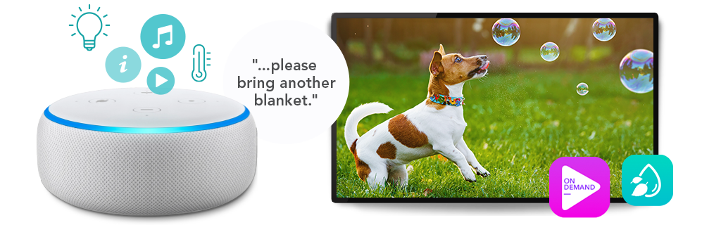 A voice assistant and colorful icons illustrate how SONIFI Health's integrations can fulfill patient requests.